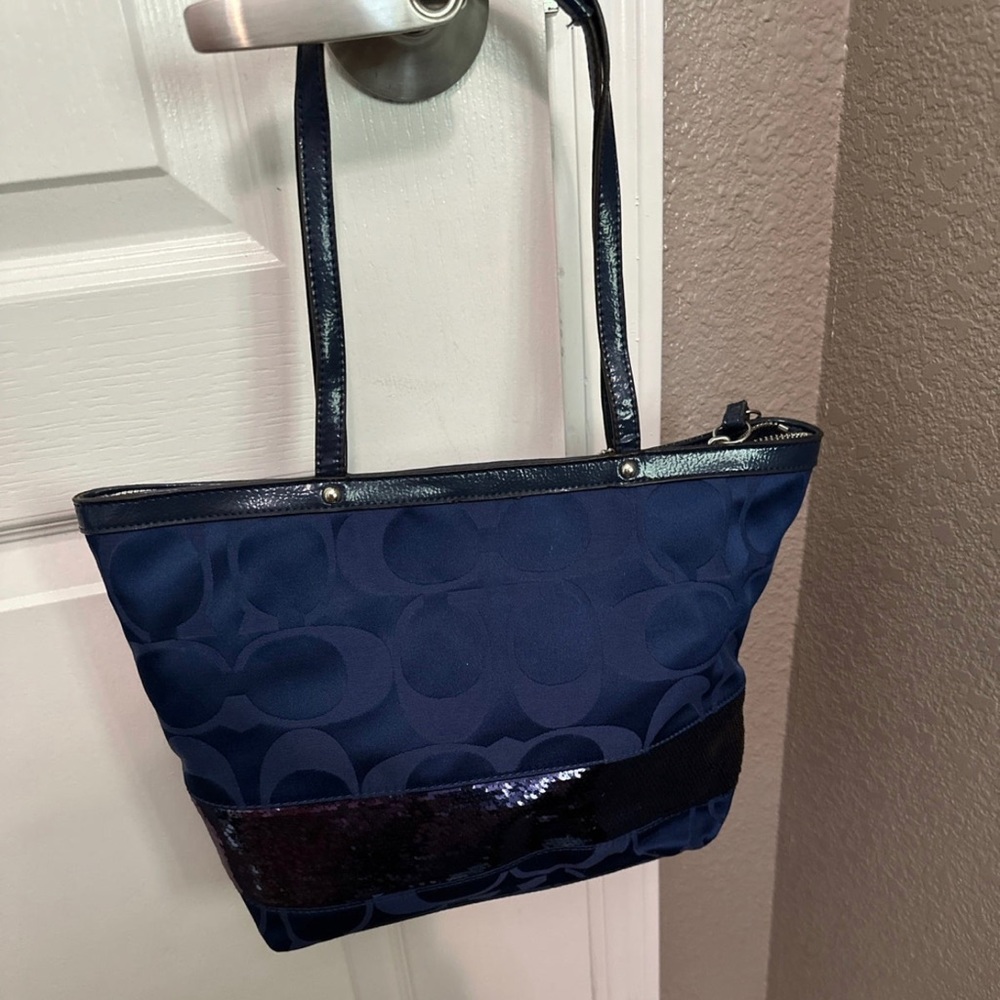 Coach F17574 Signature Tote Handbag Satin Purple Sequins Medium Blue